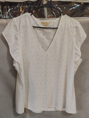 Michael Kors White Eyelet V-Neck Women's Top